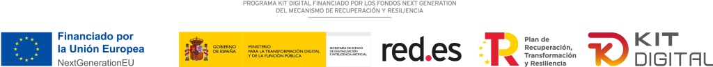 Imagen del programa Kit Digital financiado por los Foondos Next Generation del mecanismo de recuperación y REsiliencia. Se ven los 5 logos diferentes del programa que incluyen el de NexGenerationEU, el del Ministerio para la transformación Digital y de la Función Pública, el de red.es, el del Plan de Recuperación, Transformación y Resiliencia y el propio del Kit Digital.