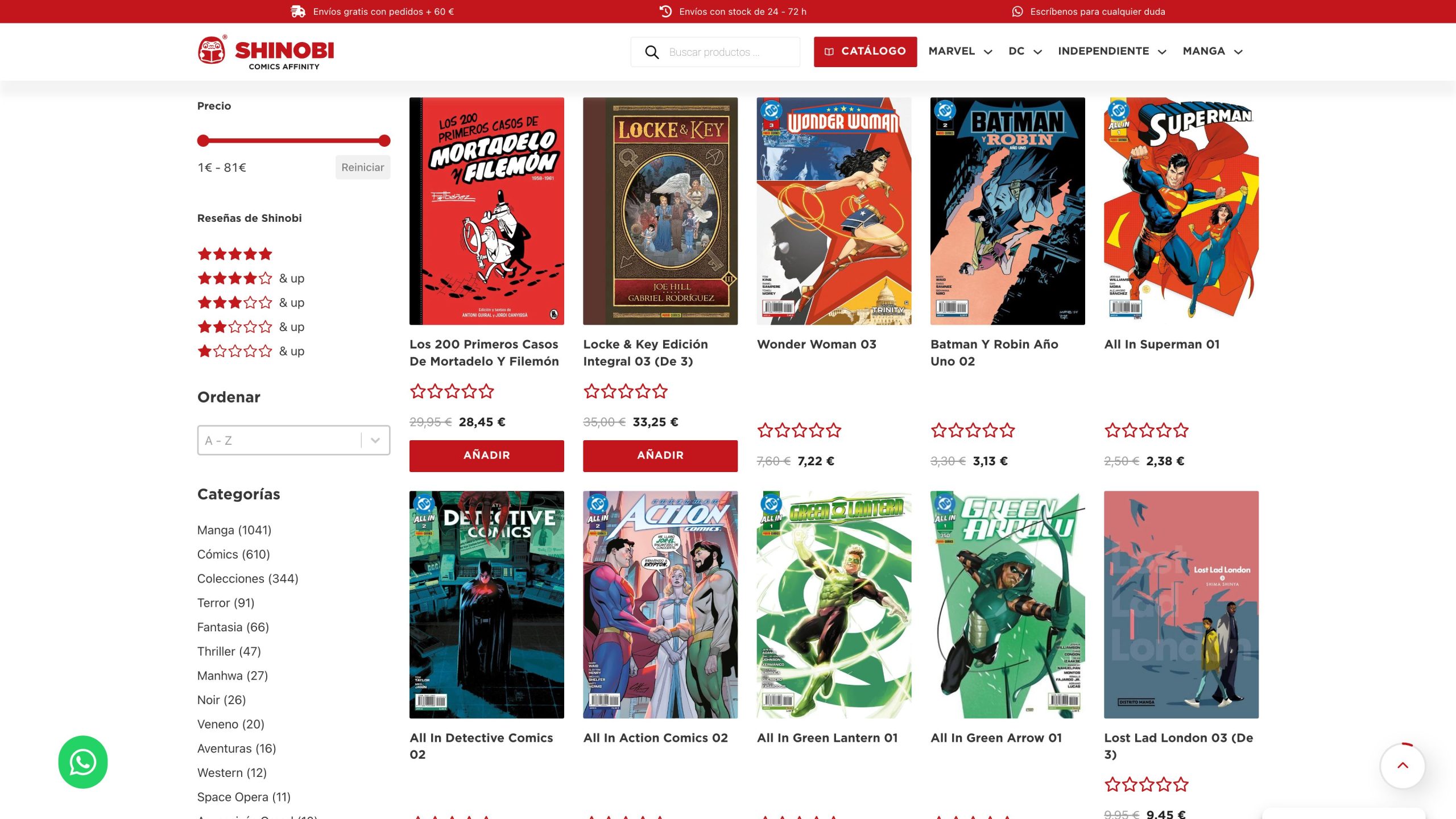 Imagen relacionada del proyecto Shinobi Comics, en este caso es el apartado Catálogo con filtros aplicados.